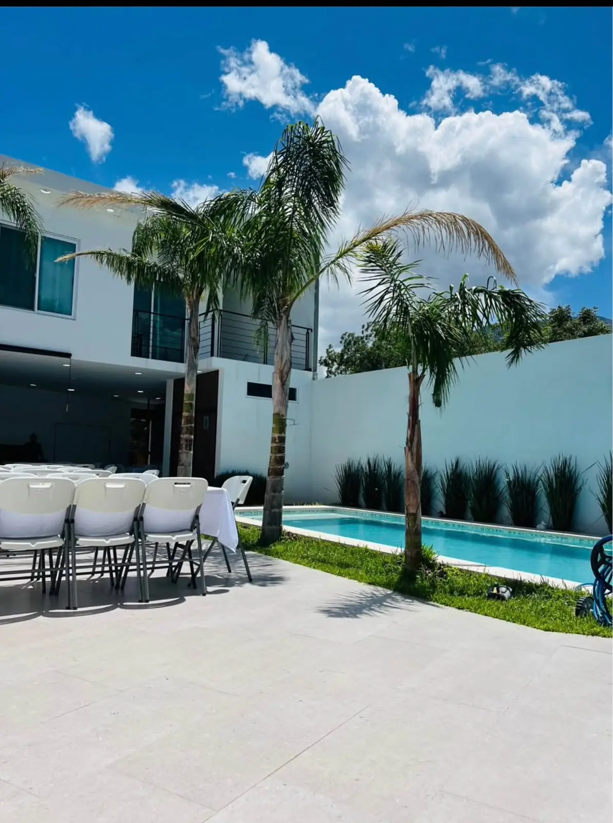 Área exterior con alberca y palmeras de Palapa A&D